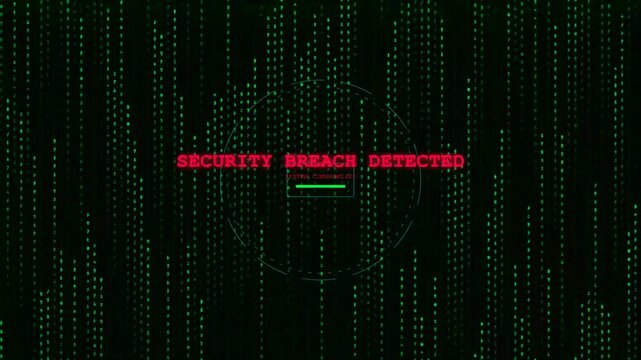 Security Breach Detected Alert on Digital Green Matrix Code Background