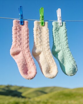 Colorful knitted socks hanging on clothesline against clear blue sky