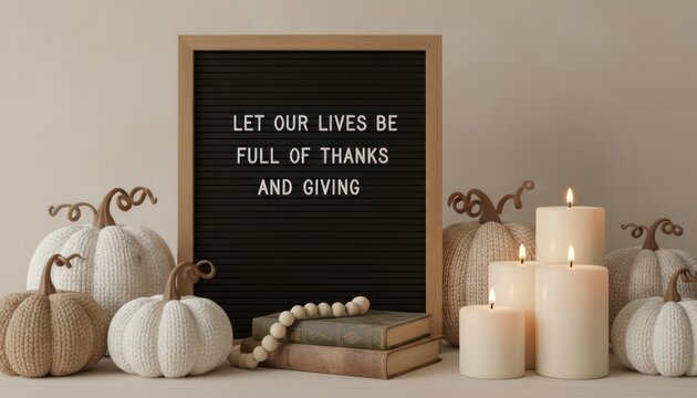 Minimalist Thanksgiving decor still life, pumpkins and candles on neutral shelf, cozy gratitude quote sign in beige tones