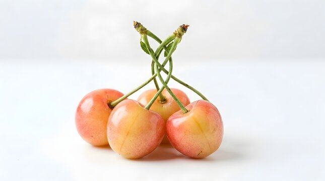  Fresh Red and Golden Cherries with Green Stems Isolated on a White Background