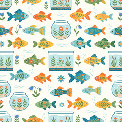 Naklejka premium Whimsical Goldfish Pattern: A charming, seamless pattern features a variety of colorful, stylized goldfish swimming around decorative aquariums and delicate floral accents.