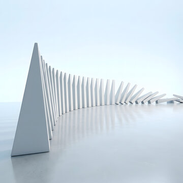 White rectangular blocks falling in a long curved line on smooth reflective ground creating minimalist abstract concept of chain reaction