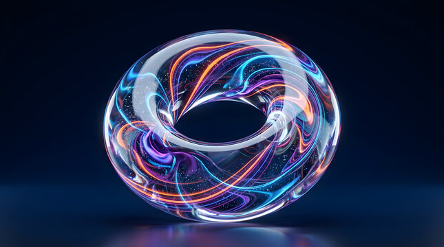 Abstract 3d torus shape with glowing neon liquid swirls and stardust particles inside a transparent glass ring on dark background