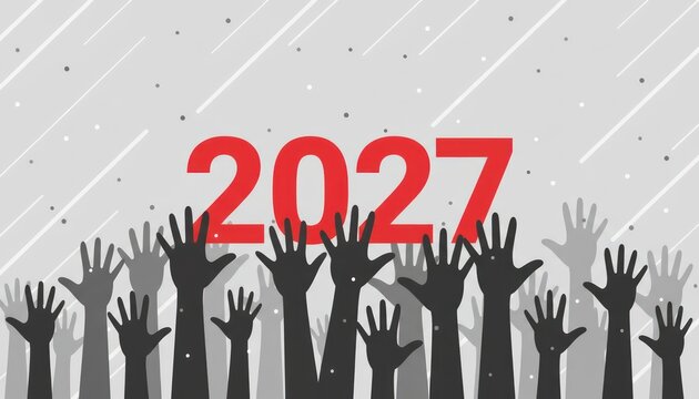 Bold 2027 election concept with raised hands crowd silhouette, red year text on grey background for voting campaign posters