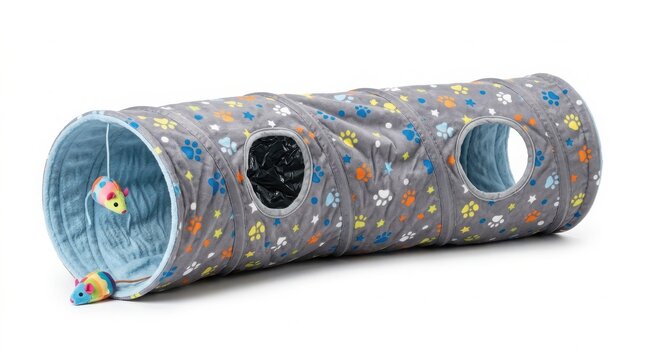 Collapsible cat tunnel toy with patterned fabric and hanging ball activity interactive exercise adventure collapsible exploration amusement supplies accessory stimulus entertainment