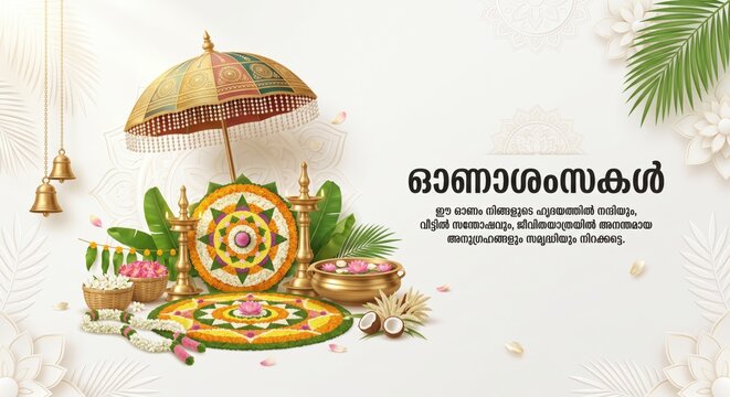 Traditional onam festival greeting card featuring a colorful floral pookalam, golden nilavilakku lamps, a decorative umbrella, and malayalam text on a white background, with palm leaves