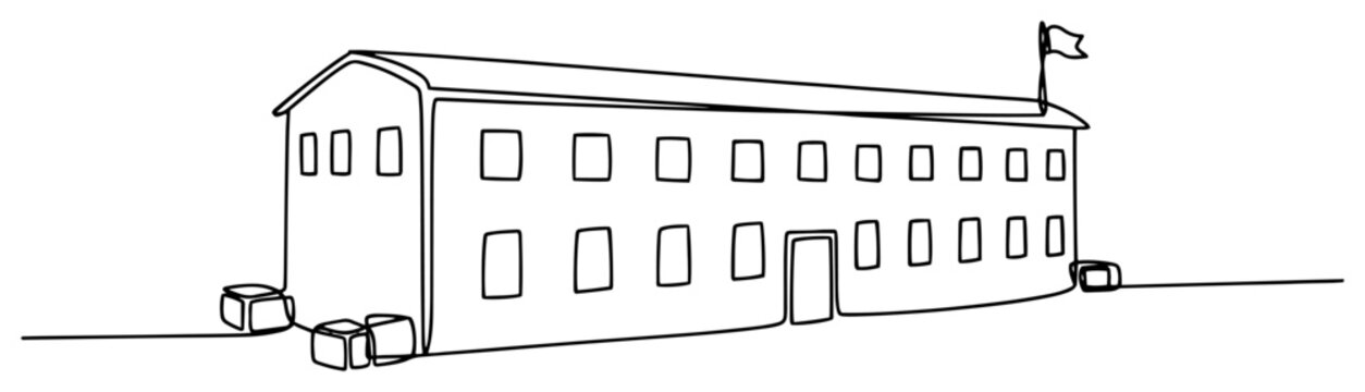 Long building facade like school or barracks in continuous line drawing style