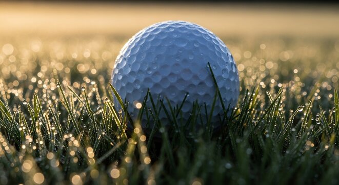 Golf ball resting on dew covered grass in morning light