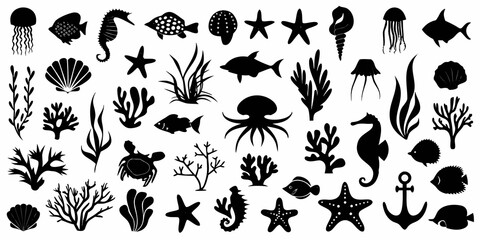 marine life silhouette collection on white background fish seahorse octopus jellyfish starfish shell © Anik