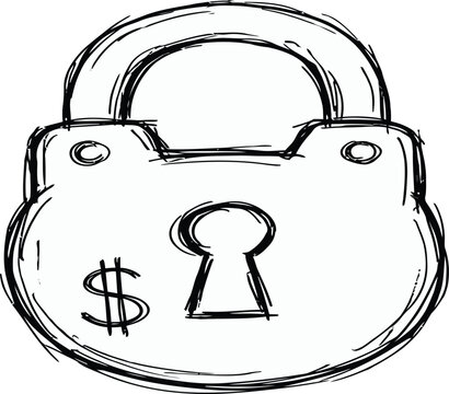 Hand-drawn padlock with dollar sign icon, black and white sketch of secure money lock, financial security and wealth protection vector illustration