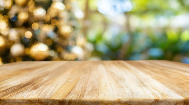 Wooden table in front of a blurry Christmas tree in a garden setting