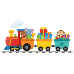 Naklejka premium Cute cartoon train carrying stuffed animals and gift boxes on white background