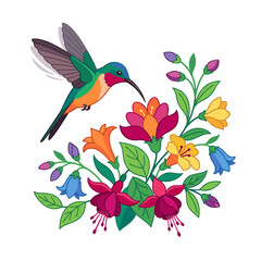 Fototapeta premium Vibrant hummingbird feeding on colorful flowers in a stylized illustration with a white background