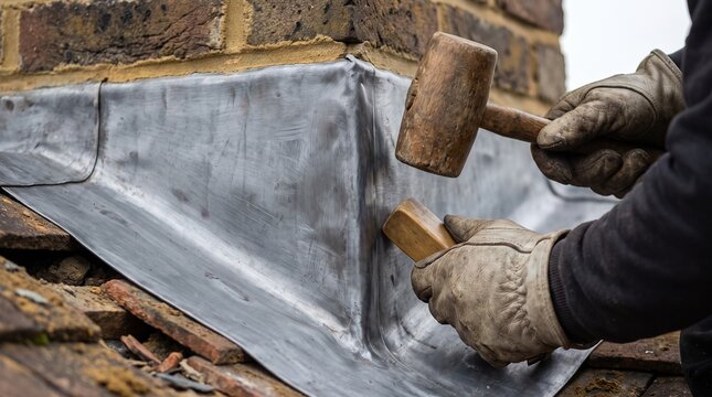 Close-up of a roofer installing lead flashing around a chimney on a tiled roof. The worker is shaping the lead with a wooden mallet and dresser tool, ensuring waterproof sealing.