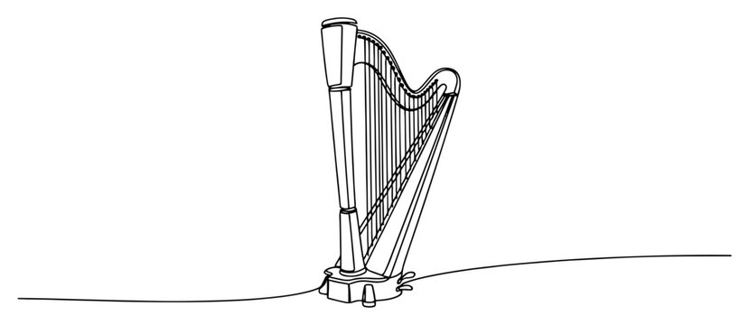 Classical harp musical instrument in minimalist continuous line art style
