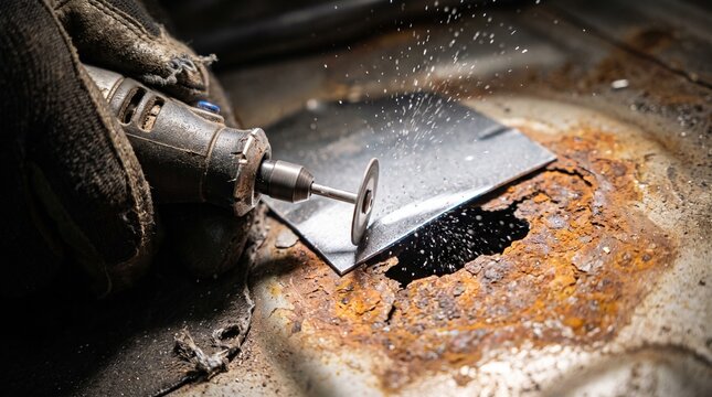 Close-up of a gloved hand using a rotary tool with a cutting disc to remove a rusted section from a metal surface. Sparks fly during this detailed automotive repair or restoration work.