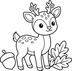 Obraz premium Cute cartoon deer coloring page with small acorn and oak leaves for kids activity book layout.