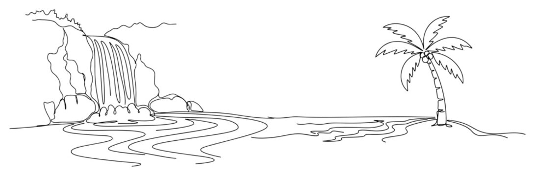 Tropical waterfall landscape with palm tree and water stream in minimalist continuous line art style