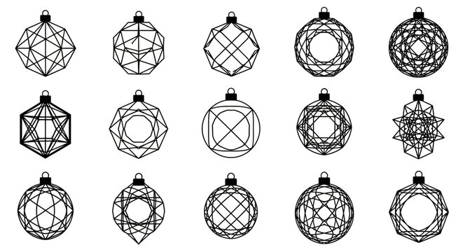 Wireframe christmas ornaments in various geometric shapes with collection wireframe ornaments different illustration decorations minimalist with symmetry
