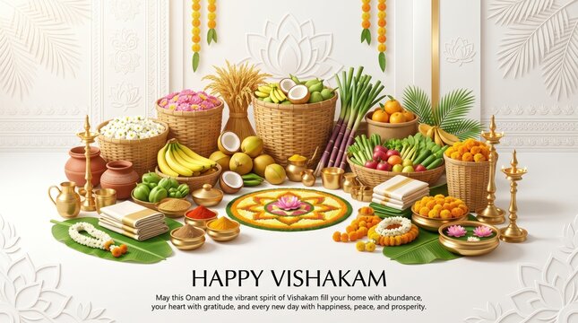 Traditional onam vishu festival arrangement with woven wicker baskets filled with tropical fruits, vegetables, flowers, brass lamps, and a colorful floral pookalam floor pattern