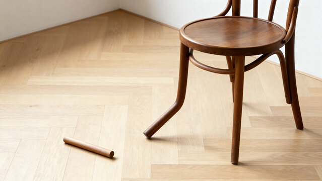 Misaligned wooden chair with crooked leg and unassembled dowel, DIY furniture assembly concept