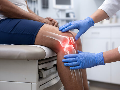 Doctor examining a patient knee joint during a clinical medical checkup with a red pain localization mark overlay