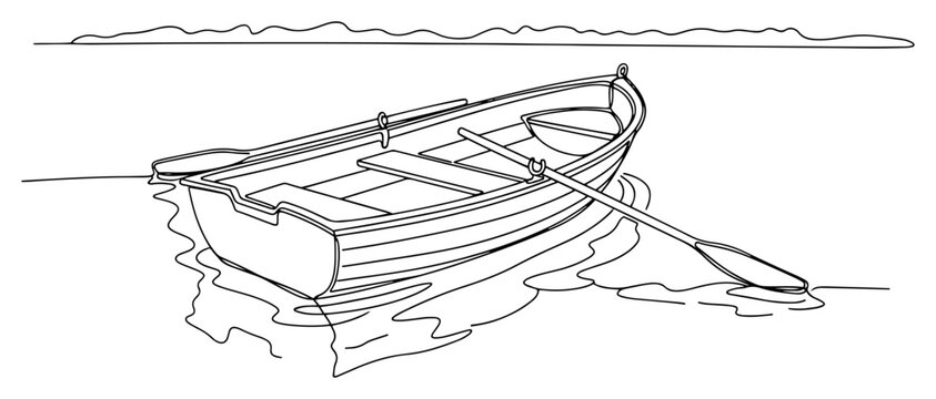 Wooden rowing boat with oars on calm water drawn in continuous line art style