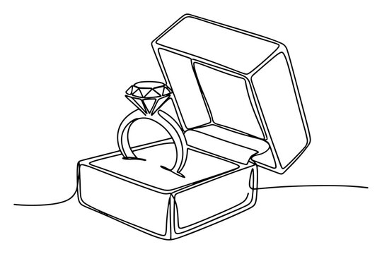 Diamond engagement ring in open gift box drawn in continuous line art style