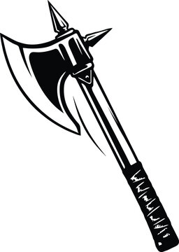 Medieval War Axe silhouette during battle with sharp spikes and leather grip isolated on white background