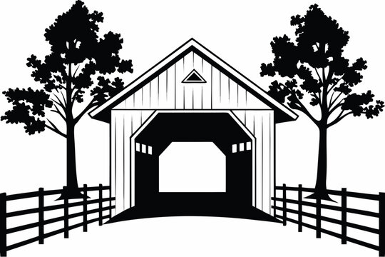 rural covered bridge silhouette on white background scene trees fence architecture landscape black