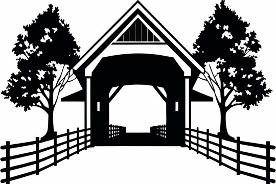 rural covered bridge silhouette on white background scene trees fence architecture landscape black