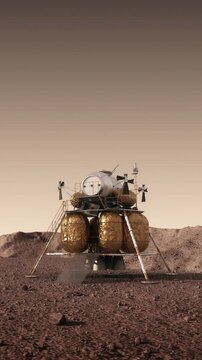 3D animation of a robotic landing module on the surface of Mars. Detailed spacecraft standing on the rocky terrain under the dusty Martian sky in a realistic planetary exploration scene.