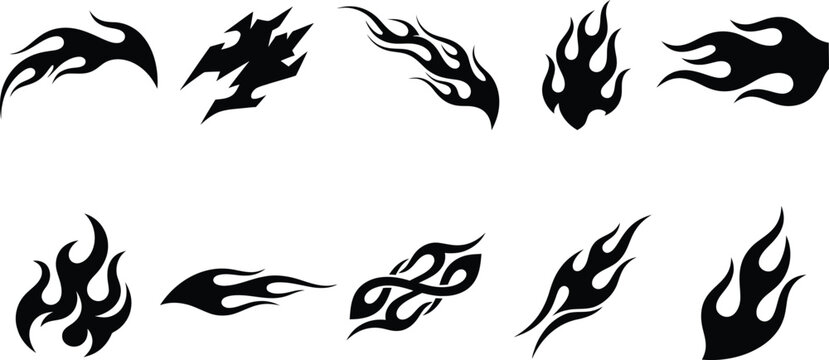 Ten black and white flame decals featuring various sharp, jagged, and flowing fire shapes for custom vehicle body