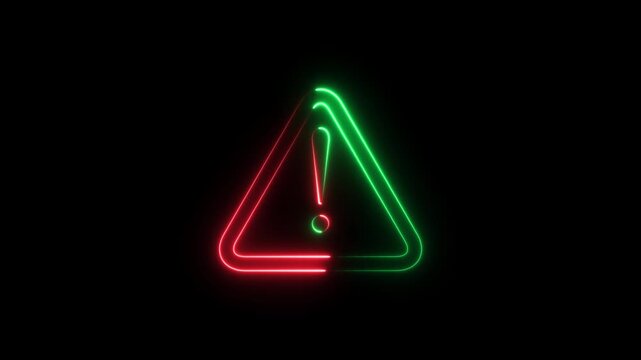 Animation of glowing neon Warning attention icon signal , alert , risk , safety, danger road warning sign animated .neon sign Warning alert icon.4k video