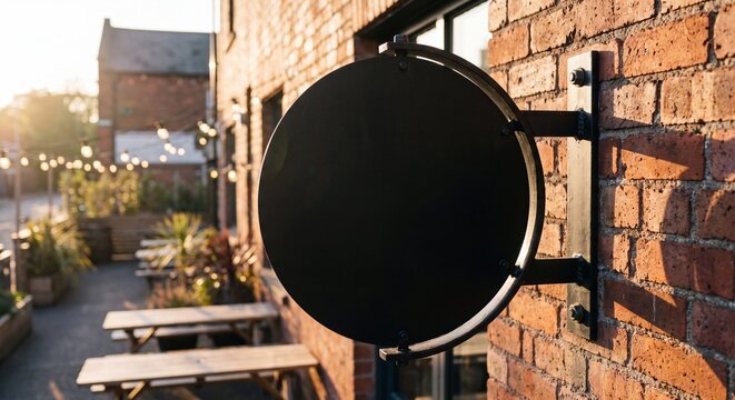 Blank round black store sign mockup mounted on red brick wall with outdoor cafe patio background