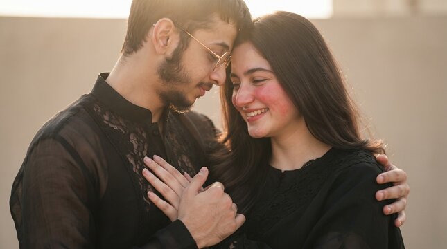 Couple embracing and smiling affectionately in warm sunlight outdoors