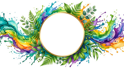 Obraz premium Watercolor splash frame with tropical leaves and golden circle isolated on white background