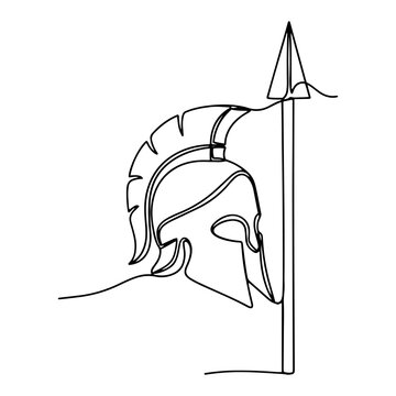 Spartan warrior helmet and spear for historical concept in minimal one line art style