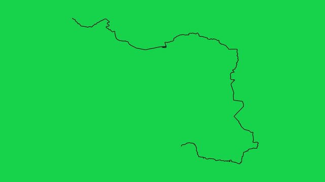 Animation of iran map appearing on green screen, geographic outline for travel and study.