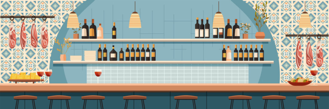 Spanish tapas bar interior traditional wine bottles hanging jamon cheese olives patterned tiles counter stools pendant lights decorative plants
