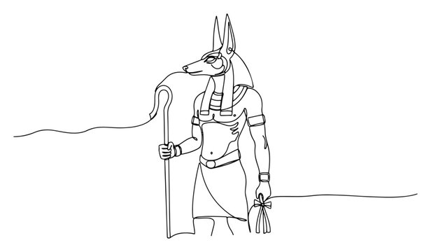 Anubis ancient Egyptian god with jackal head and staff in a minimalist continuous line art style