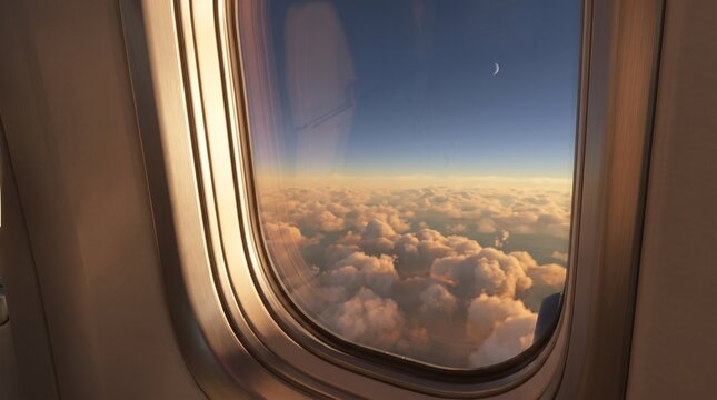 View of golden sunset over clouds and crescent moon from airplane window