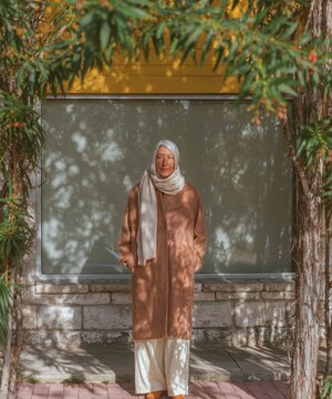 Mature woman in a camel coat and wool scarf standing outdoors under dd sunlight for autumn fashion and quiet luxury branding