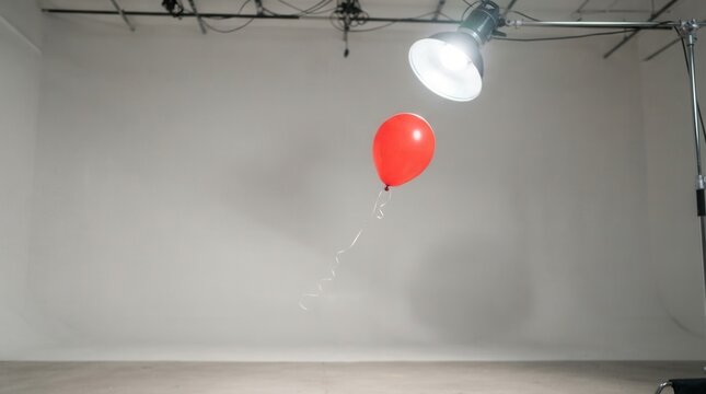 A Single Red Balloon Floats Freely in a Studio Setting.