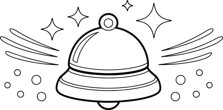 Ringing bell line art icon with sound waves and sparkles, black and white vector drawing of a school or reception service and motion lines in outline style