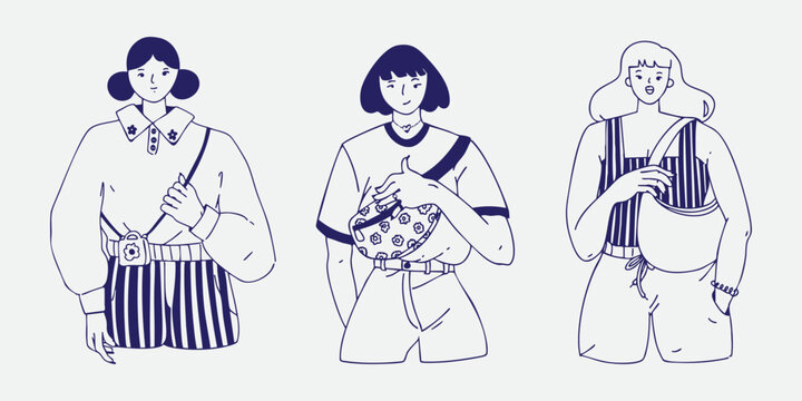Three women wearing casual outfits and accessories, hand drawn fashion illustration set.