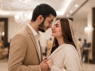 Fototapeta premium Couple in formal wear embracing and looking at each other in a hall