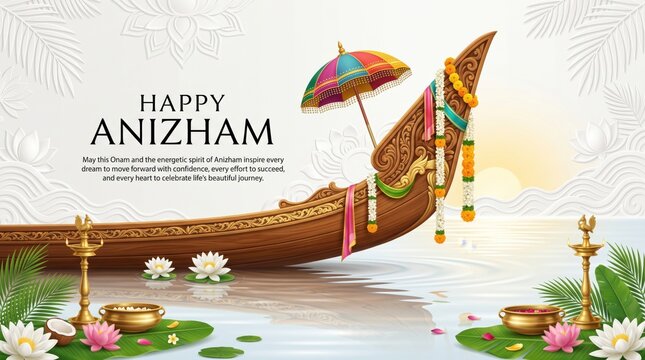 Traditional wooden snake boat with colorful umbrella, brass oil lamps, and floating lotus flowers on water, celebrating the anizham festival with ornate carvings and floral garlands