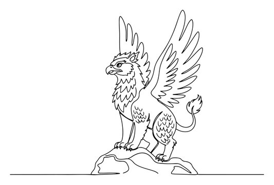 Griffin mythical creature with wings standing on rock in continuous line art style
