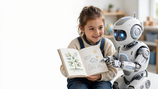 Little girl and educational robot reading illustrated book together